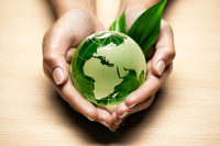 Green globe in hands