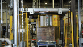 After bottles are case packed, they are conveyed to the palletizer, wrapped in plastic and trucked to a warehouse.