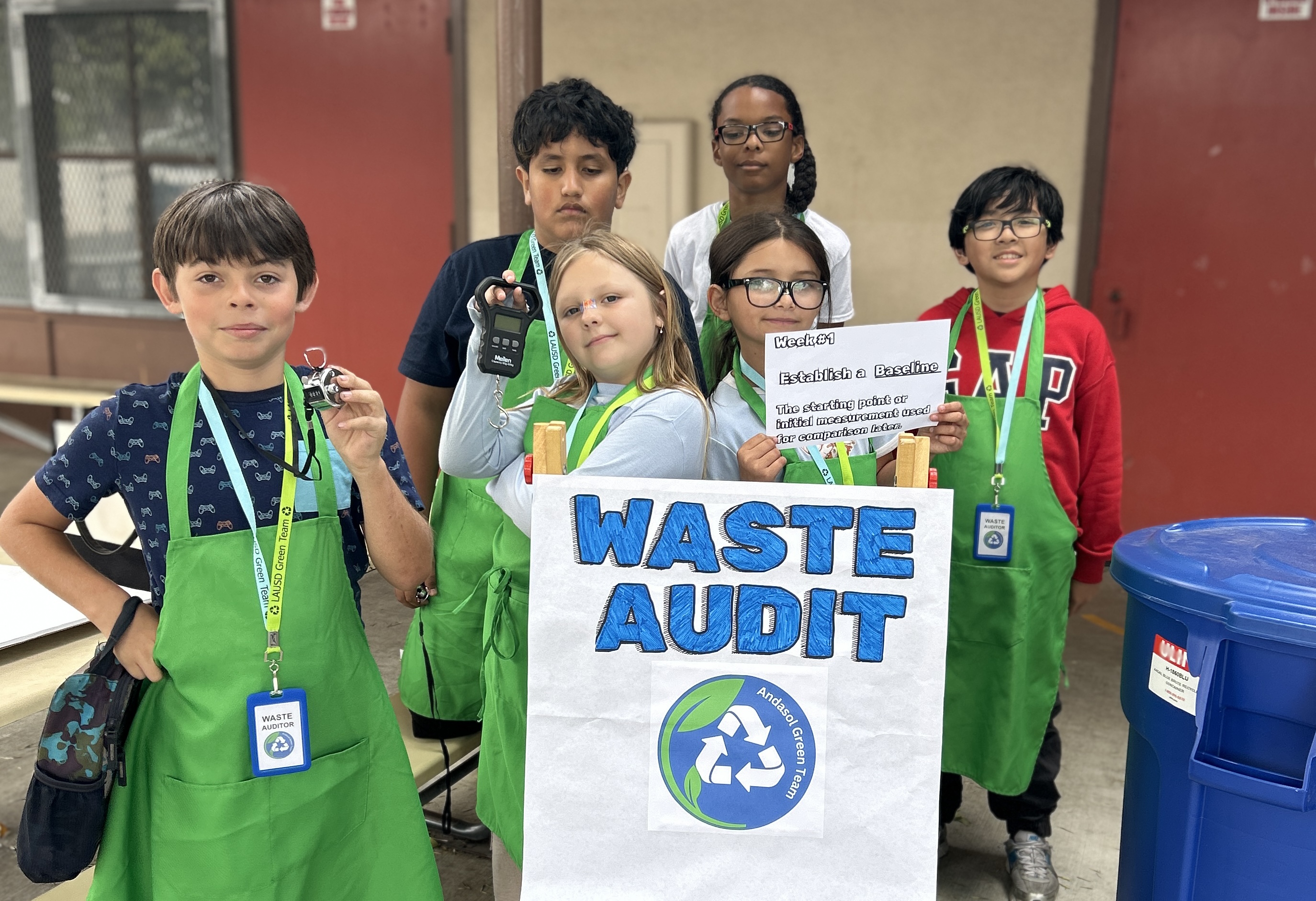 Los Angeles Unified School District students participating in a school recycling program.