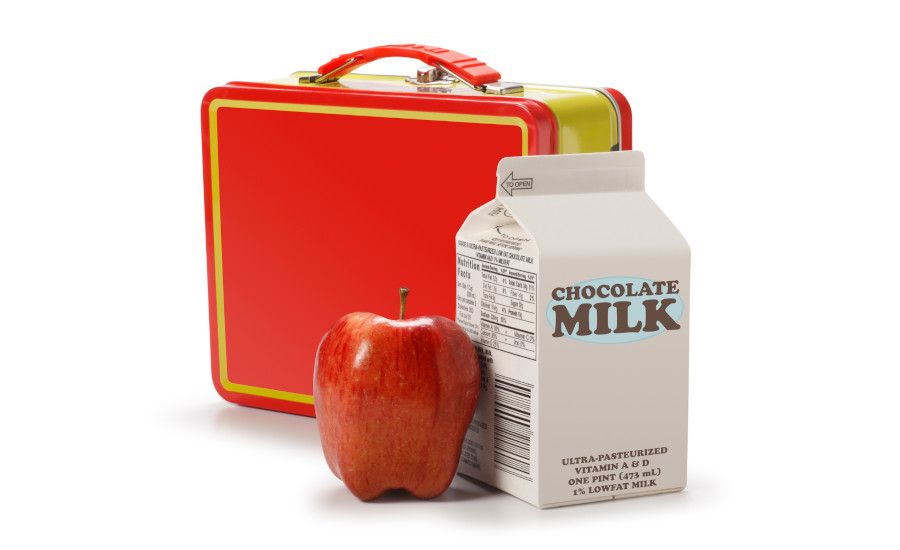 lunch box, milk and apple