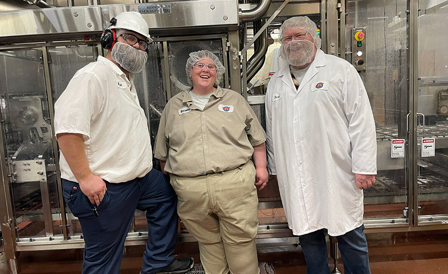 From left, Paul Lambert, production utility tech with the creamery 17 years; Danielle Patton, assistant cheesemaker at Westby for two years; and Dave Larson, plant manager for two years.