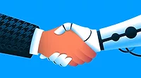 cartoon of robot and human shaking hands cartoon of robot and human shaking hands