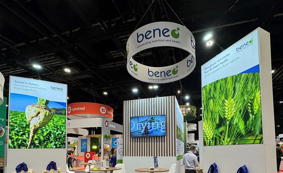a booth for BENEO, a company that produces functional ingredients for food, feed, and pharmaceuticals