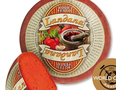of Landana Ã¢â‚¬Å“Premium Quality Cheese from HollandÃ¢â‚¬Â?. The strikingly red cheese Landana RED PESTO