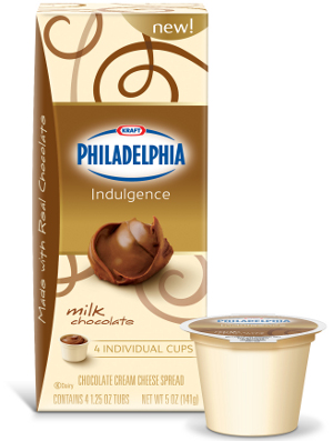 Philadelphia Indulgence is a chocolate cream cheese spread made with a blend of real, luscious chocolate and rich, creamy Philadelphia.