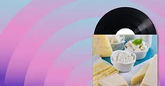 Main feature for State of the Industry with dairy products album cover with a gradient circular--patterned backgorund.