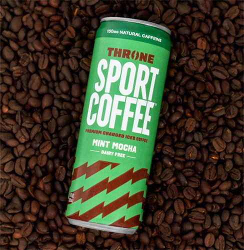 Throne SPORT COFFEE mint mocha flavor on a bed of coffee beans.