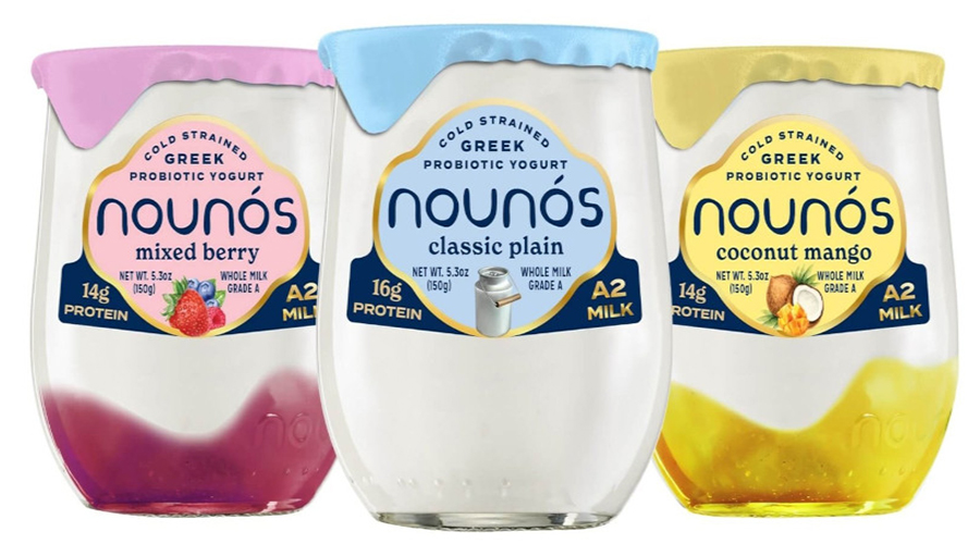 Three jars of Nounós Creamery A2 Greek yogurt on a white background.