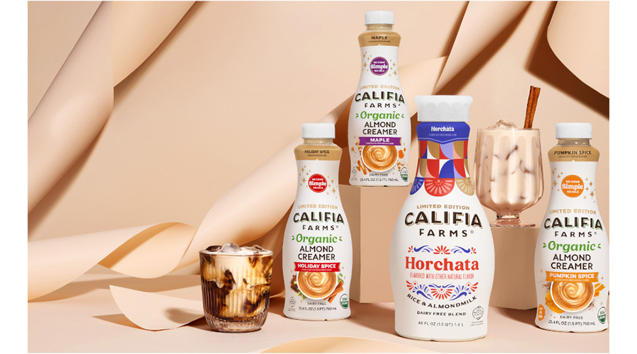 Califia Simple and Organic holiday almond creamers on a peach background, with peach ribbons.