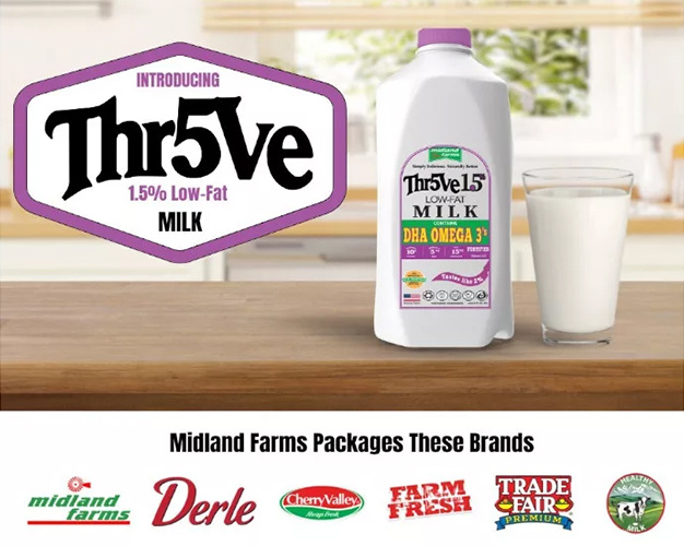 Midland Farms Thr5ve 1.5 Low-Fat Milk on a counter with brand logos below it.