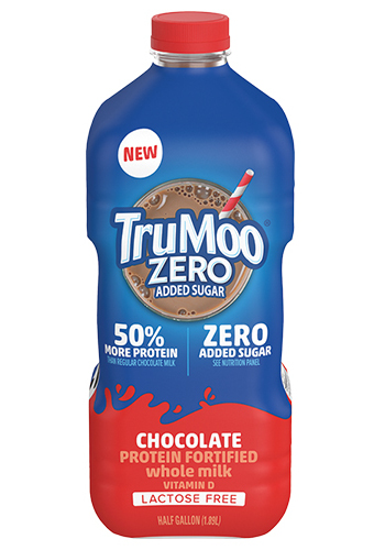 A bottle of TruMoo Zero lactose free milk on a white background.