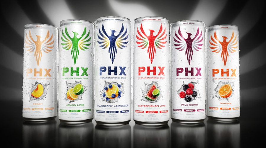 Six PHX energy drink cans in varied flavors covered in condensation, the PHX logo silhouette partially hidden in the background.