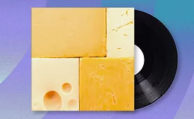 Cheese album cover with album partially out. Background is patterend.
