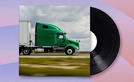 Feature image of Album cover with semitruck on the road, album halfway out of sleeve. The background is a gradient circular pattern.