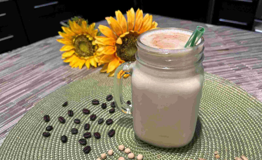 Cafe latte pea and sunflower protein cold beverage.