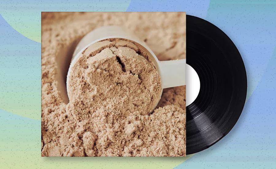 Album cover of brown sugar and measuring cup, the album sticking out. Background are green and blue radiant circles.