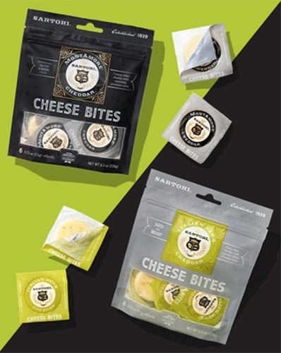 Sartori Cheese Bites packaged snacks on a green and white background.