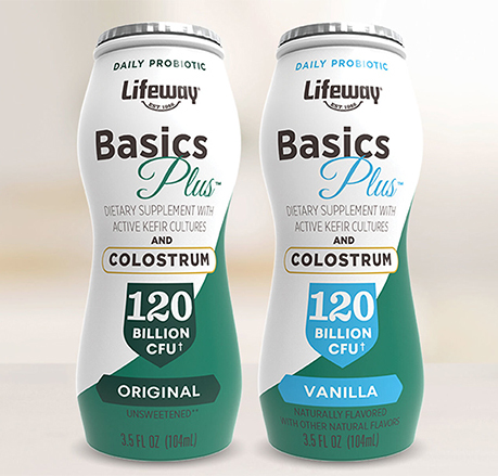 Two bottles of Lifeway Foods Basics Plus line of kefir and colostrum shots in original and vanilla flavors.