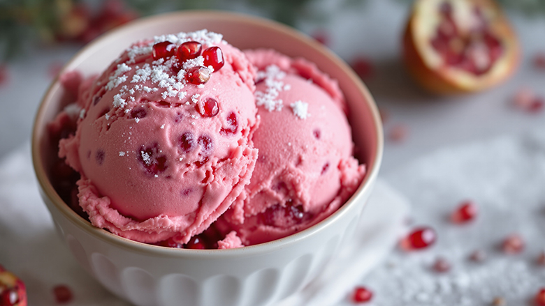 Scoops of pomegranate ice cream in a white bowl, a blurred background with pomegranates.
