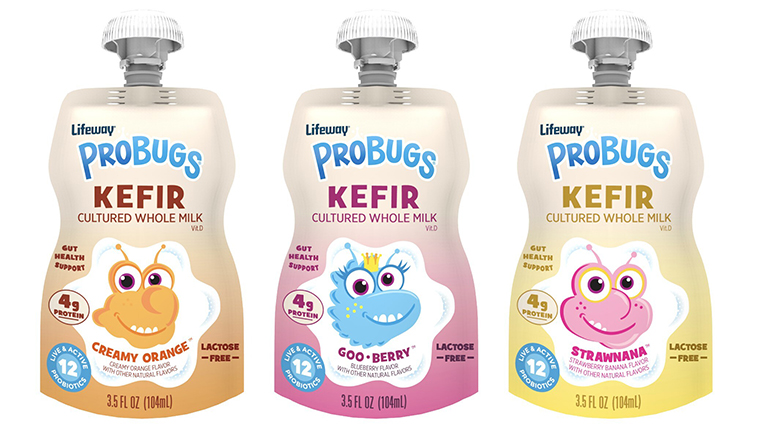 Three pouches of Lifeway Foods ProBugs kefir in different flavors.