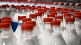 Bottles of milk with red caps on the assembly line