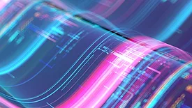 Light waves in blues, purples and pink and blurry lines and shapes underneath.