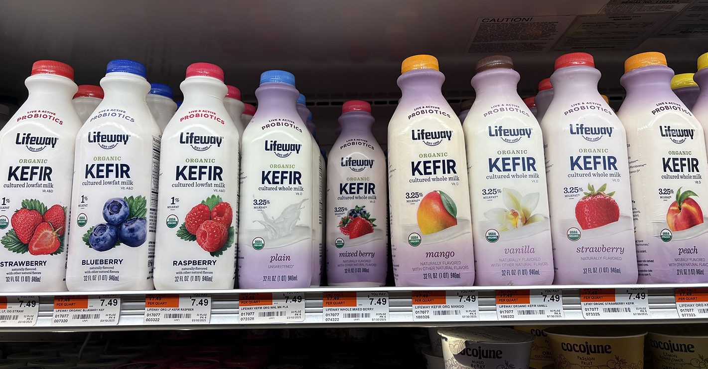 Lifeway Organic Kefir in different flavors Lifeway Organic Kefir in different flavors inside a refrigerated grocery shelf.