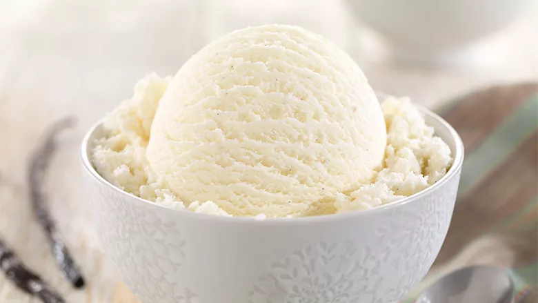 A close-up of a bowl of vanilla ice cream, the blurred background has vanilla two vanilla bean stalks and a spoon.