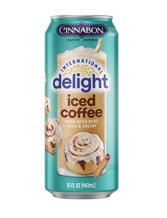 International Delight debuted Cinnabon Iced Coffee can on a white background.
