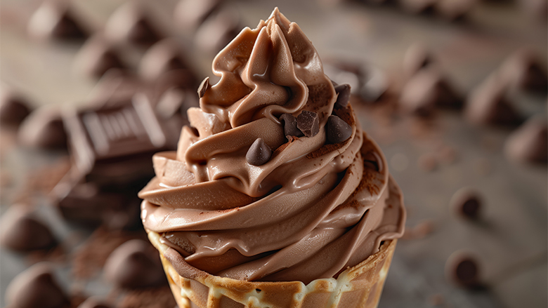 Chocolate ice cream cone with a blurred background of chocolate squares and chips on the table.