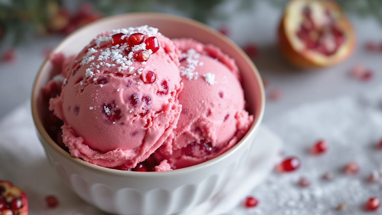 A bowl of pomegranate ice cream with pomegranates sprinkled on top, a blurred background of a half pomegranate and pomegranate seeds on the table.