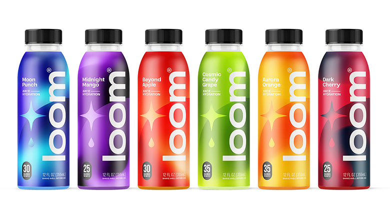 Loom's 30-calorie, RTD juice bottles in six flavors: Moon Punch, Dark Cherry, Aurora Orange, Midnight Mango, Beyond Apple and Cosmic Candy Grape on a white background.