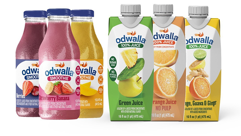 Odwalla's three new juice smoothie bottles (left) and three new juice beverages (right) on a white background.