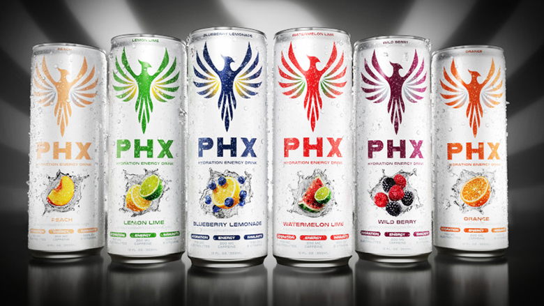 Six cans of PHX Hydration Energy Drinks in different flavors, lined up in a row, the PHX logo in the background.