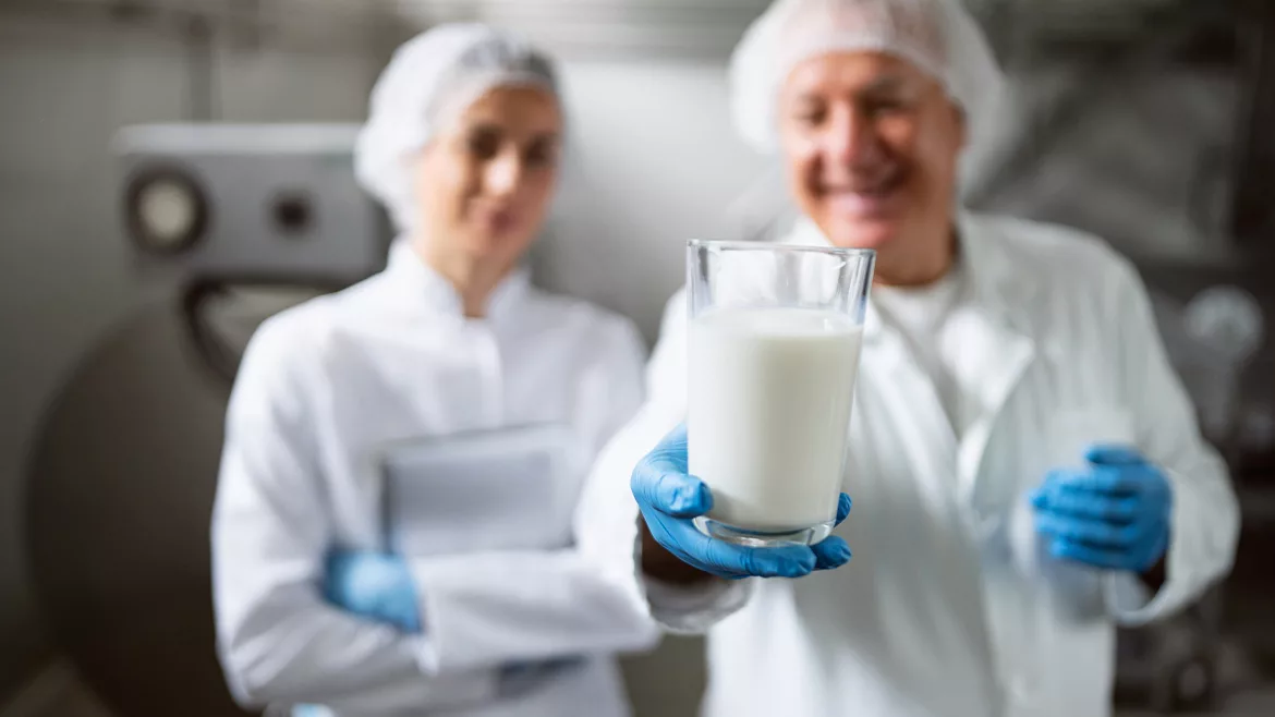Technicians in uniform and gloves collaborating in quality control procedures inside a dairy plant.