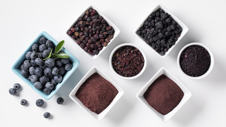 Overhead shot of white bowls of blueberries from fresh to dried and blueberry powders on a white table.