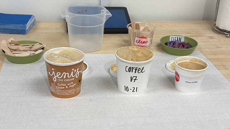 Jeni's new House Coffee flavor on a table with sample spoons.