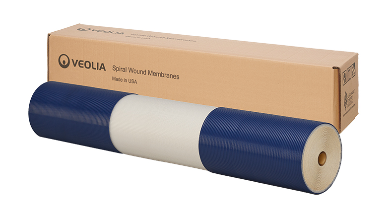 A roll of Veolia's Optum Series spiral wound membranes next to its packaging on a white background.