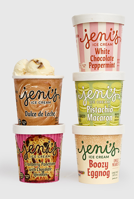 Five Jeni's ice cream pints stacked: Dulce de Leche, White Chocolate Peppermint, and more.