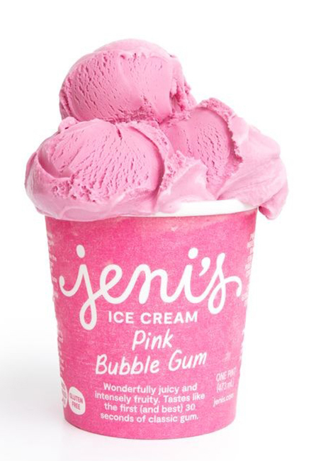 A carton of Jeni's Pink Bubble Gum ice cream on a white background.