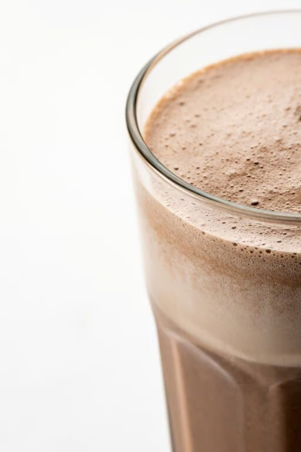 Cropped glass of reduced sugar chocolate milk with a white background.