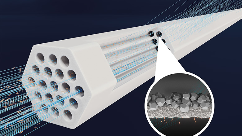 An illustration of a ceramic membrane with a bubble arrow showing the interior of the holes.