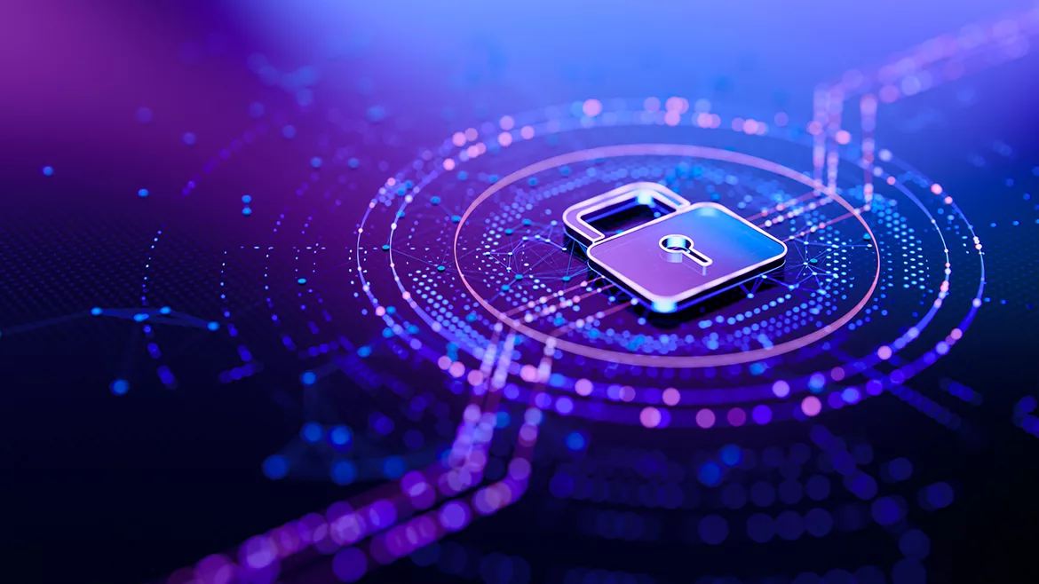 Futuristic lock icon as a symbol of cyber security and safety to prevent a data breach.