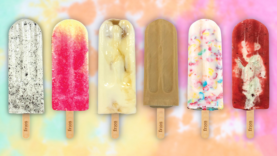 A row of Frios Gourmet Pops with a tie dye pattern as a background.