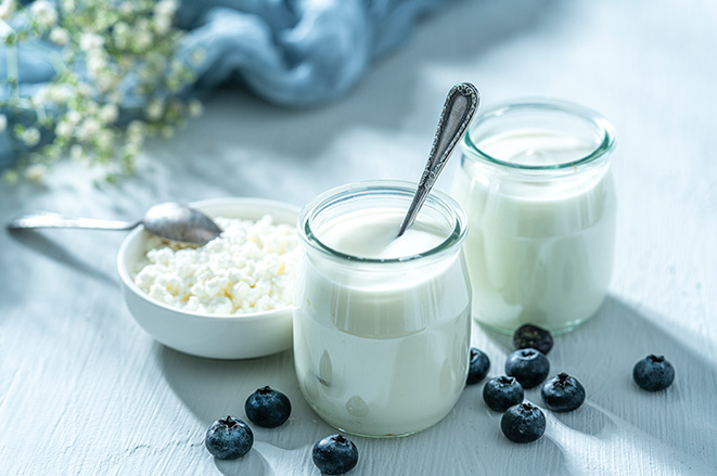 Yogurt or sour cream, cottage cheese and berries on the table.