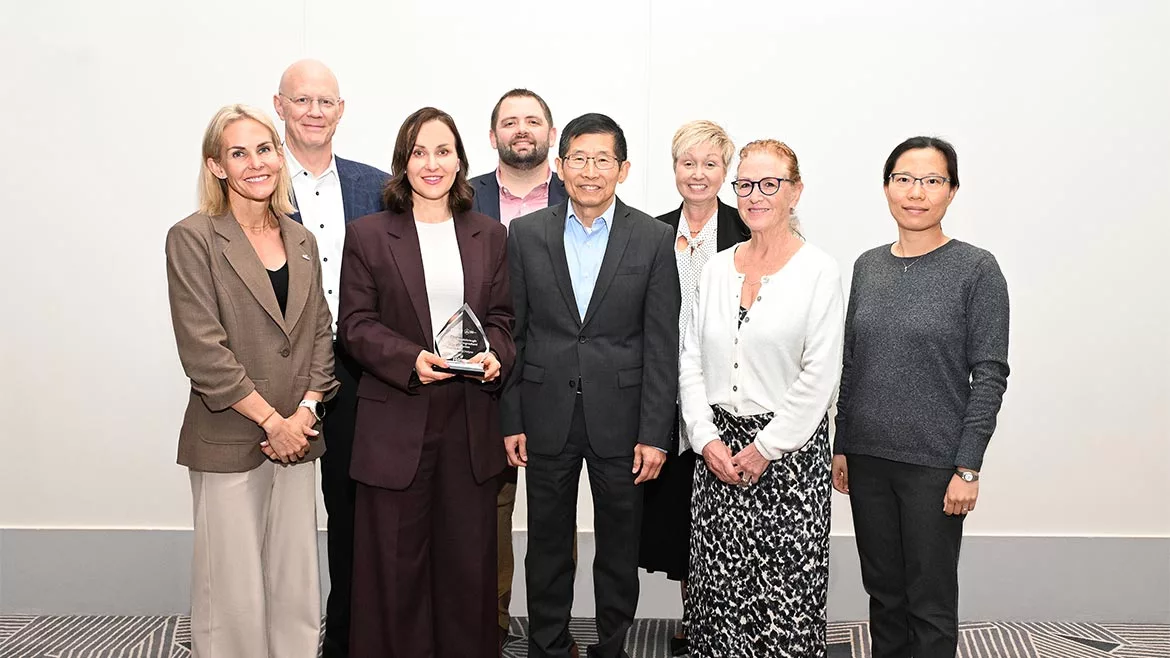 Hilmar employees from left to right: Rylen Dickey, Greg Schlafer, Marina Crocker, Braden Hocking, Chao Wu, Holly Daniels, Kay Thomson and QiQi Peng.