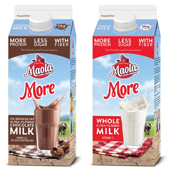 Maola More 2% reduced fat chocolate milk (left) and whole ultra-filtered white milk (right).