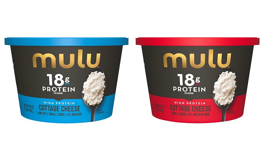 MULU High Protein cottage cheese: (Left) low fat, small curd, 2% milkfat in blue/black container, (right) small curd, 4% milkfat in red/black container.