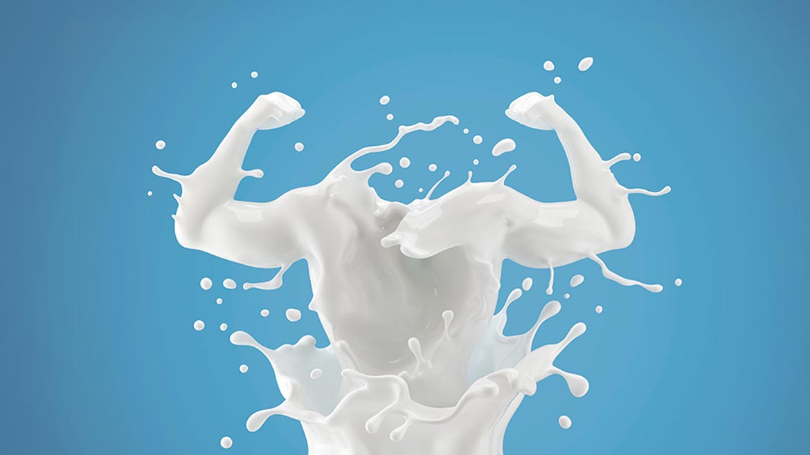 Splash of milk in form of arm muscle. 3D illustration.