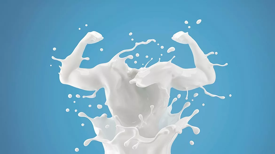 Splash of milk in form of arm muscle. 3D illustration.